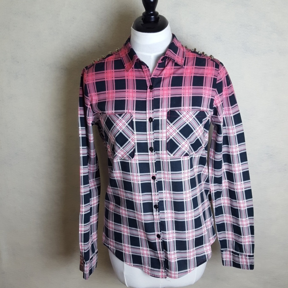 Ombre pink & black plaid w/Studded Shoulder